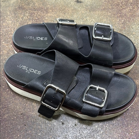 J/Slides Black Leather platform Sandals with Silver Buckles - Picture 2 of 5